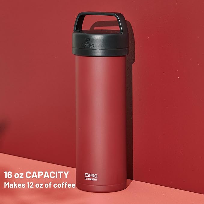 ESPRO P0 Ultralight French Press Coffee Maker for Travel, Vacuum Insulated Stainless Steel, 16 Ounces, Cranberry