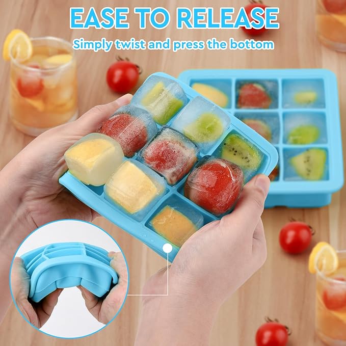 2 Pack Silicone Ice Cube Tray with Lid,Small Ice Trays for Freezer,Ice Cube Trays for Mini Fridge Freezer with Cover,Square Ice Cube mold for Cocktail,Coffee,Drinks,Baby Food,BPA Free,Blue