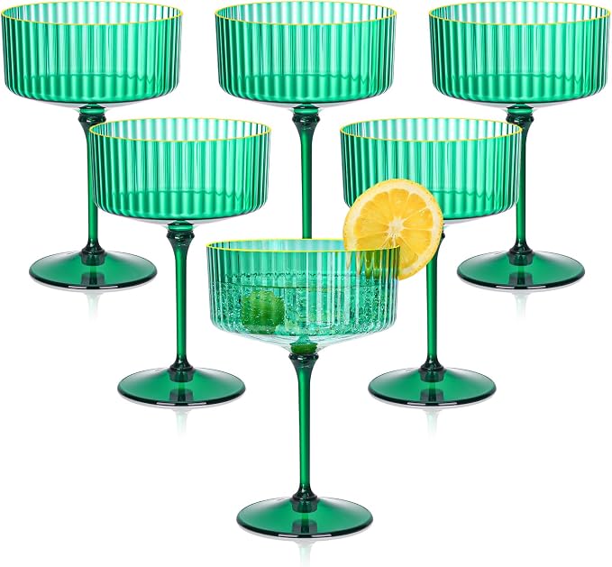 12 PCS Plastic Martini Glasses 10 oz Detachable Gold Rim Green Ribbed Coupe Glasses Vintage Christmas Martini Cocktail Glass for Bar,Margarita,Gin,Tequila, Desserts and Snacks by Unknown