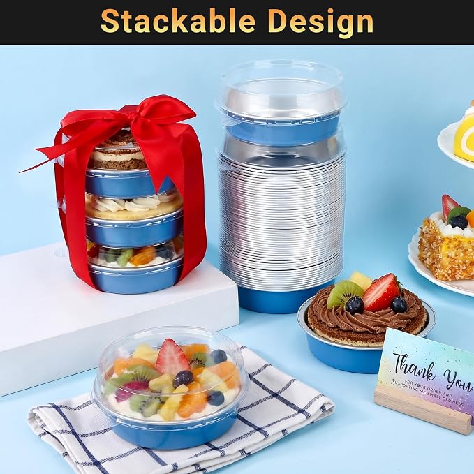 Beasea Mini Tart Pans with Lids 20 Pack, 4" 7.3oz Disposable Aluminum Foil Baking Tins Cups Round Pie Container for Individual Cupcake Dessert Muffin Cheesecake Quiche - Moon Blue - Image 4