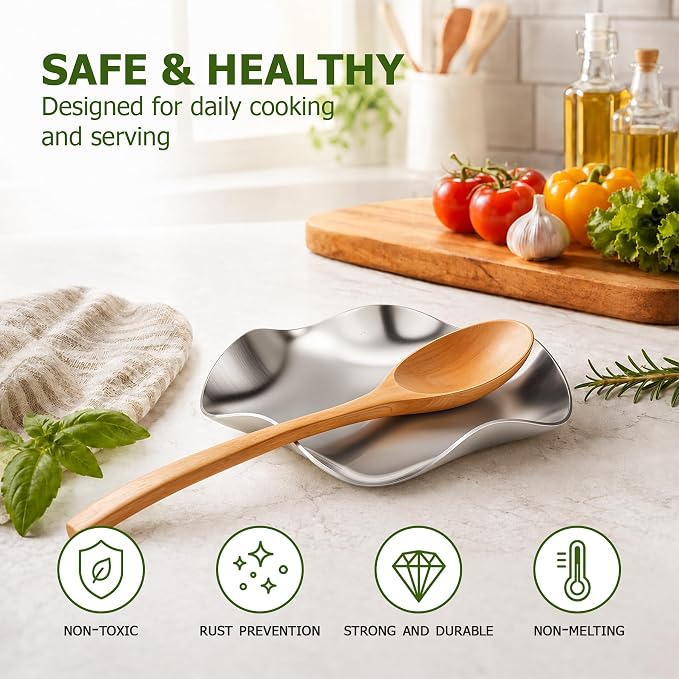 VanlonPro Stainless Steel Spoon Rest, Spatula Ladle Holder, Stainless Steel Utensil Spoon Rest Holder, Brushed Finish, Dishwasher Safe 5.9 Inch (Flower Silver 1PC) - Image 3