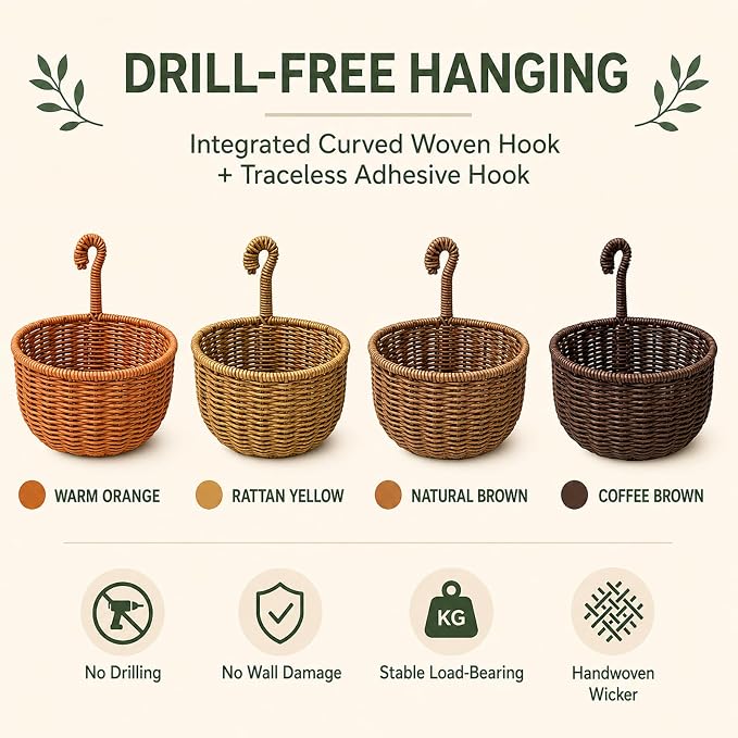 2 Pack Hanging Wall Storage Basket, Woven Rattan Organizer，NATURAL BROWN | Rustic Hand woven wall organizer with hook for kitchen, bathroom and entryway storage, Space-saving decor for modern homes - Image 6