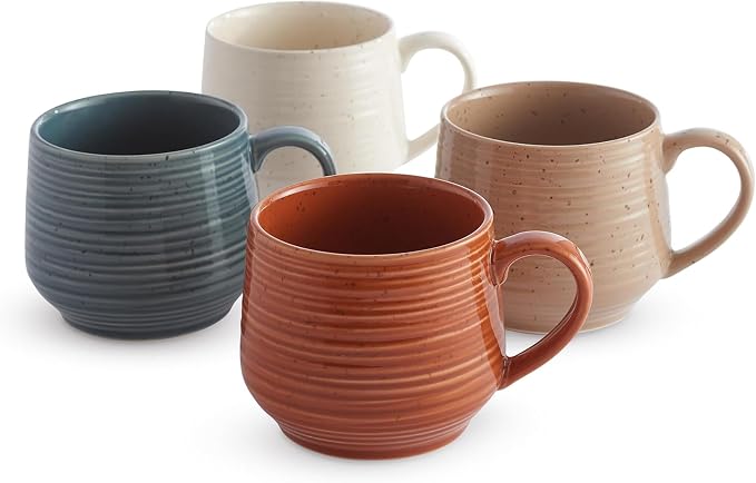 SANGO 17.5 oz Stoneware Coffee Mugs Set of 4, Rustic Ceramic Mug with Speckled Reactive Glaze, Large Pottery Drinkware for Coffee or Tea, Dishwasher & Microwave Safe Mugs, Siterra Painter’s Palette by Sango