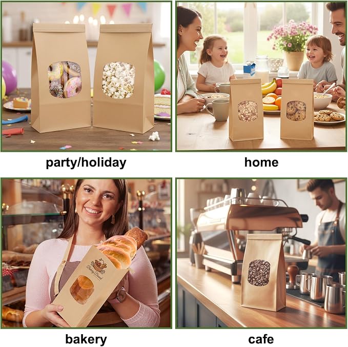 Moretoes 100pcs Medium Bakery Cookie Bags with Window, 4.5x2.36x9.6In | Brown Kraft Paper Cookie Bags with Seal, Seal by Tin Tie Tab, for Cookie Coffee Bread Pastry Bakery Gift Giving Packing - Image 7