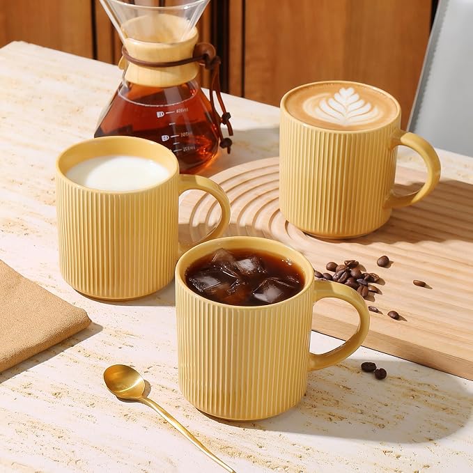 MONITO 16Oz Coffee Mugs Set of 6, Rustic Ceramic Coffee Cups Set with Large Handle, Vintage Striped Stoneware Coffee Mugs for Latte, Cocoa, Tea, Milk, Microwave & Dishwasher Safe, Lemon Yellow - Image 3