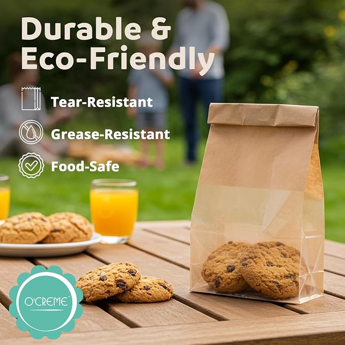 O’Creme 50 Pcs. Small Bakery Bags with Window, Cookie Bags Brown Paper Bag with Resealable Tin Tie Tab for Cookies, Treats, Baked Goods, Muffins, Pastries, Granola, Coffee Beans (11”x5”x4”) - Image 5