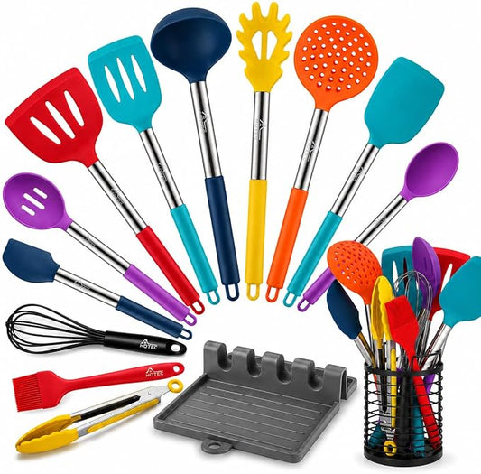 HOTEC 446°F Heat Resistant Silicone Kitchen Utensils, Cooking Utensil Set, Spatula Set, BPA Free, Kitchen Gadgets, Utensils Holder, Dishwasher Safe, 14pcs Multicolor by Hotec