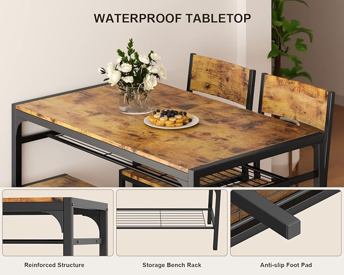Gizoon 4-Piece Dining Table Set for 4, Kitchen Table with Bench Rustic | Space-saving rustic 4-piece dinette set with metal storage rack. Includes 2 ergonomic chairs and 1 bench. Easy to clean. - Image 5