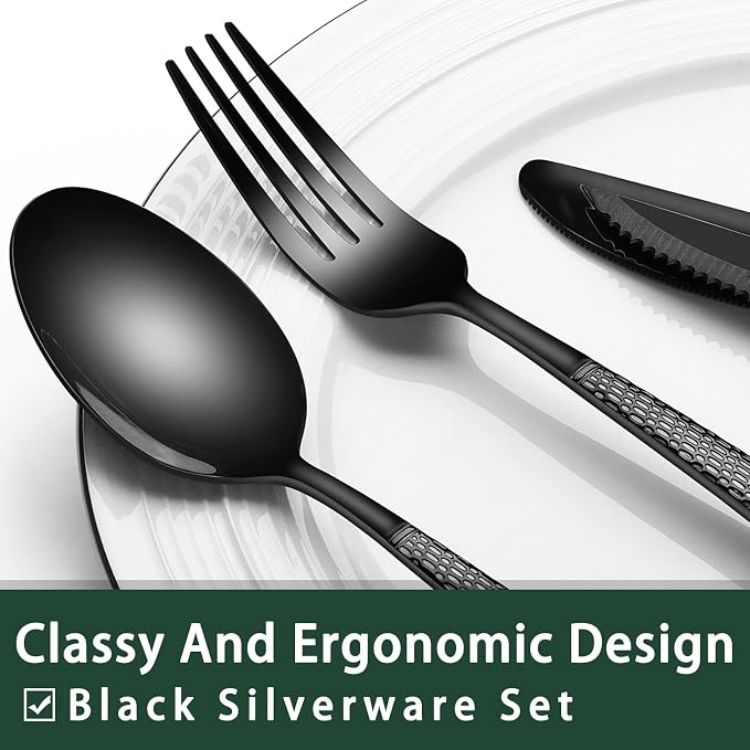 EWFEN 24-Piece Black Silverware Set with Steak Knives, Black Flatware Set for 4, Food-Grade Stainless Steel Tableware Cutlery Set, Mirror Finished Utensil Sets for Home Restaurant, Round Hammered - Image 3