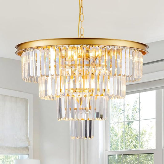 10 Light Modern Gold Crystal Chandelier for Dining Room 24'' Dining Room Light Fixture Contemporary Pendant Round 4-Tier Adjustable Height for Living Room, Foyer, Entryway, Bedroom by HCCZLighting