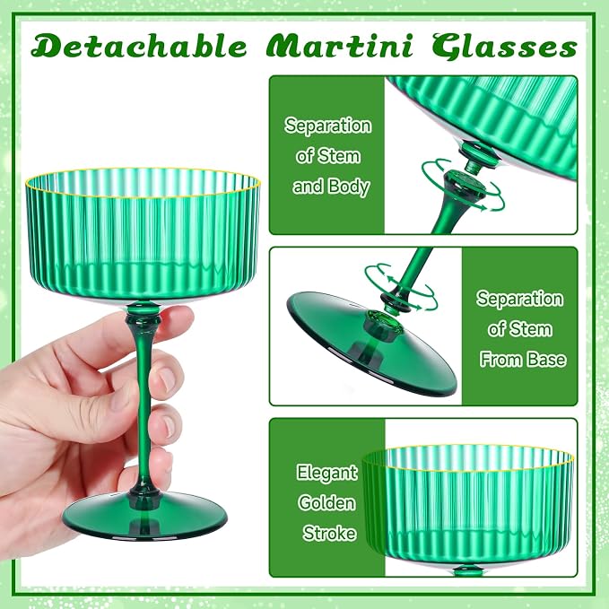 12 PCS Plastic Martini Glasses 10 oz Detachable Gold Rim Green Ribbed Coupe Glasses Vintage Christmas Martini Cocktail Glass for Bar,Margarita,Gin,Tequila, Desserts and Snacks - Image 3