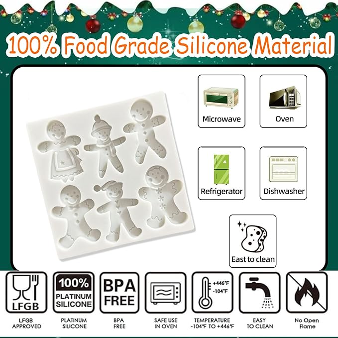 1 Pcs Christmas Silicone Molds for Chocolate 6-Cavities Various Shapes Gingerbread Man Shape 3D Chocolate Moulds Candy Molds for Christmas Day Holiday Theme Candy Pudding Jelly Making