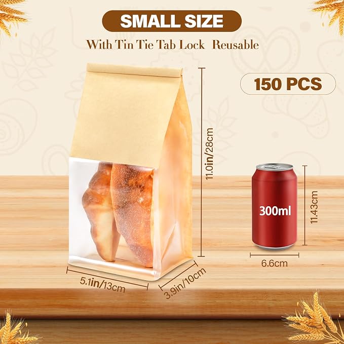 150 Pack Kraft Paper Bakery Bags with Window, 3.9x5.1x11 Inches Tin Tie Tab Lock Resealable Bread Bags for Homemade Cookies, Pastry, Loaf, and Food Packaging Storage - Image 2