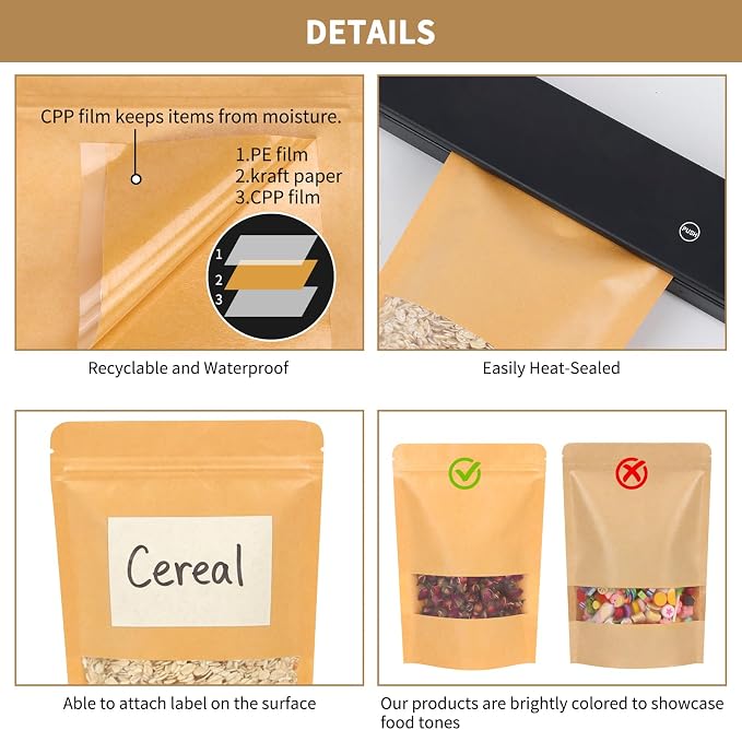 Moretoes 120pcs 5.9x8.6in Kraft Resealable Bags with Window for Business | Stand Up Pouches, Ziplock Bags with Window, Home & Small Business Packaging for Granola, Coffee, Snacks, Herbs, Dried Goods - Image 4
