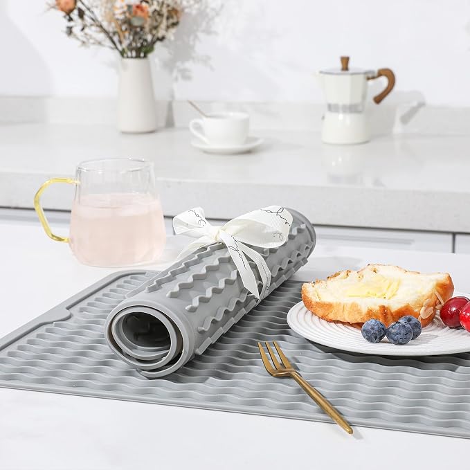 2 Pack Caketime Silicone Dish Drying Mat for Kitchen Counter Heat Resistant Quick Dry Pads Hot Dishes Waterproof with Under Sink Rack Soap Holder Coffee Accessories 15"x11.5" Light Gray - Image 2