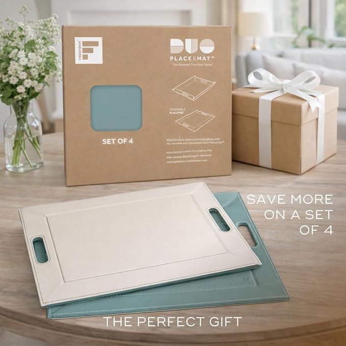 FREEFORM PLACEsMAT 2-in-1 Faux Leather Placemat & Serving Tray | Reversible Design, Lays Flat & Easy to Clean | Ottoman Food Tray, Perfect Housewarming Gift, 18” x 14” (Seafoam Blue & Stone, Single) - Image 8