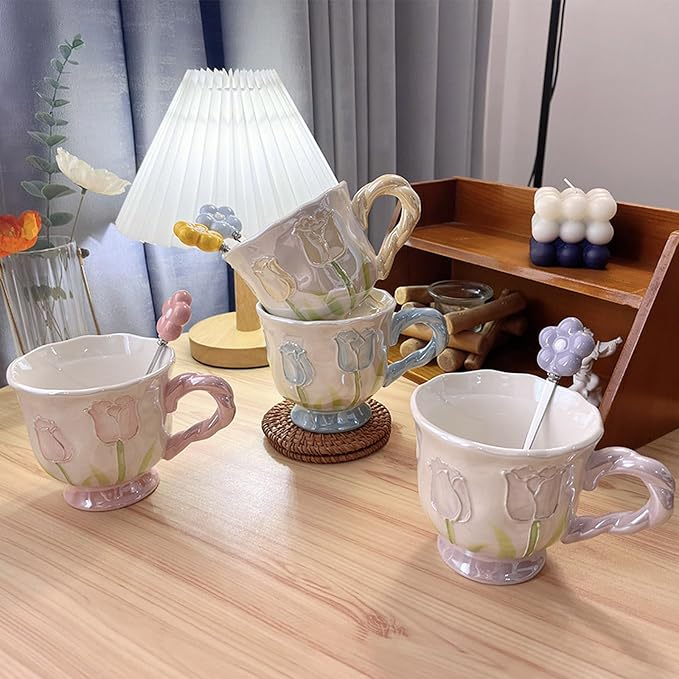 DTIUYIOP-Ceramic Coffee Mug 14oz/410ml Blue Cute Flower with Spoon | a funky coffee mug, Novelty Cute Ceramic,Lead-Free Gloss Glazed,DrinkingCup, Ideal Gift for Birthday Holiday - Image 6