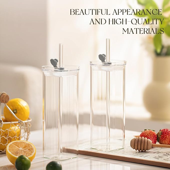 KEMORELA 6 Sets Glass Cups with Lids & Straws, Square Ribbed Drinking Glasses with Lids, Clear Highball Tumblers for Cocktail, Coffee, Juice, Beer, Modern Mixed Drinkware Jars - Image 6