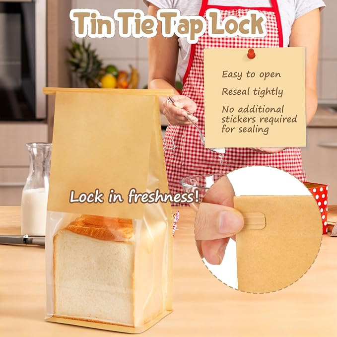 HONKID Bread and Cookie Bags with Seal, 100 Pack 11 x 5.1 x 3.9 Inches Bakery Bags with Window Reusable Tin Tie Tab Lock for Sealed Baked Goods Packaging for Pastry Bagels Breads Treats Cookies Brown - Image 3