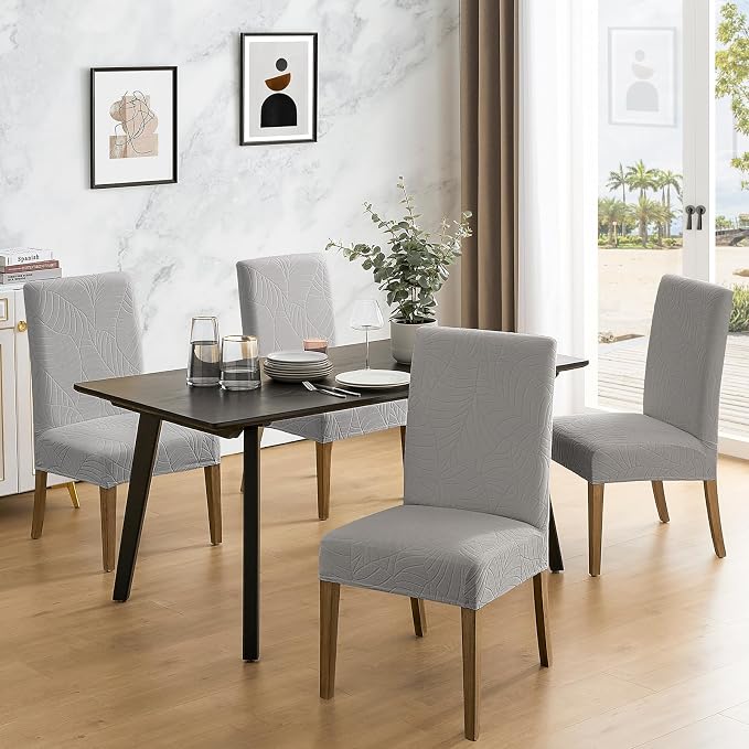 MOSAYT 100% Waterproof Dining Room Chair Covers Set of 2, Super Fit Stretch Jacquard Parson Chairs Slipcovers Removable Washable Chair Seat Protectors for Home, Kitchen, Banquet (Light Grey) - Image 2