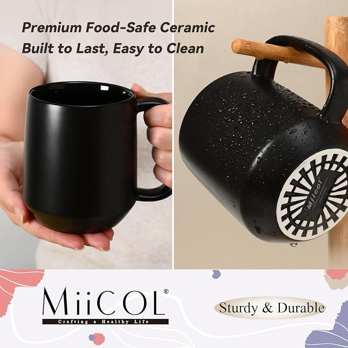 Miicol Ceramic Coffee Mug, 16 oz Large Coffee Cup, Tea Mug with Handle, Flat Bottom Mug for Men, Women, Office, Microwave and Dishwasher Safe, Multi-Color, Black - Image 6