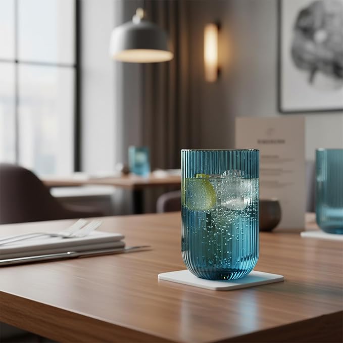 Set of 8 Ribbed Glassware,4 Highball Glasses 14oz & 4 Rocks Drinking Glasses 9oz, Origami Style, Fluted Design, for Milk, Water, Cocktail, Juice, Beer, ToothBrush Cup, Gif (Blue) - Image 8