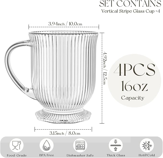 KEMORELA 16 OZ Premium Glass Coffee Mugs with Handle Set of 4, Large Classic Vertical Stripes Glass Coffee Cups, Clear Tea Cup for Hot/Cold Beverages, Glassware Set for Americano, Latte, Cappuccino - Image 3