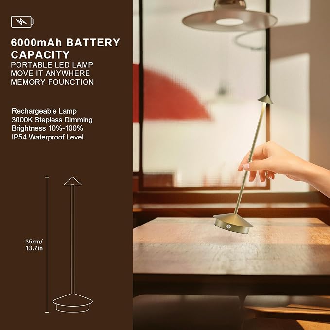 Cordless LED Table Lamps,Portable Battery Desk Lamp,2 Pack,Gold | 6000mAh Rechargeable,3000K/4500K/6000K Touch Stepless Dimming,Aluminum IP54 Waterproof Wireless Lighting for Outdoor/Indoor - Image 7