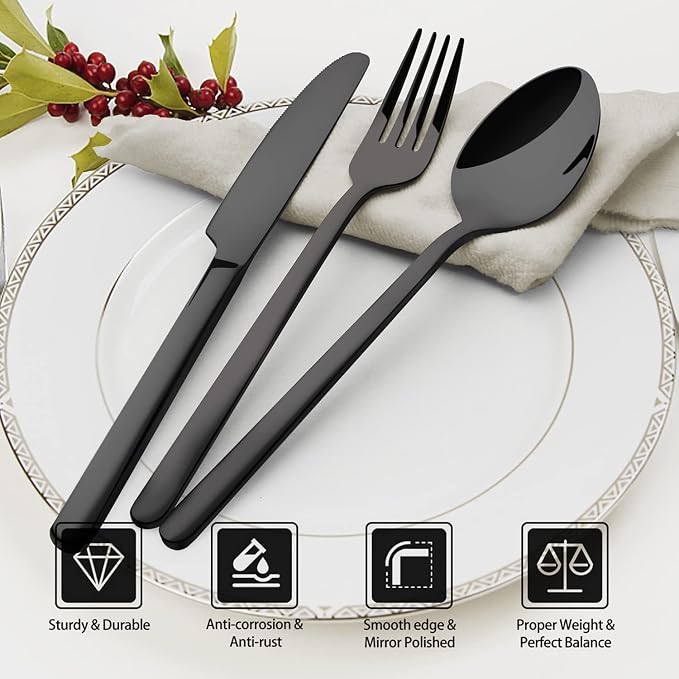 KINGSTONE Black Silverware Set, 30 Piece Flatware Set for 6, 18/10 Stainless steel Cutlery Set for Home Kitchen and Restaurant - Image 2