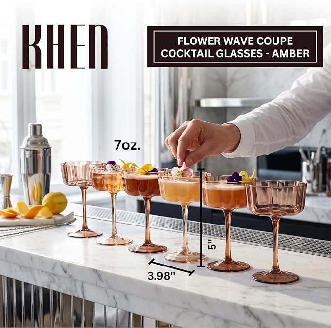 Venus Flower Scalloped Vintage Wavy Petals Wave Glass Coupes 7oz Colorful Martini, Champagne & Cocktails, 6 Set Brown Amber Shades Rippled Champagne Glasses, Elegant Bar Glassware, Aesthetic Coupe - Image 2