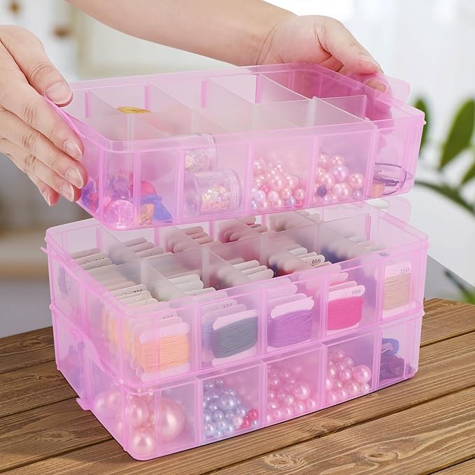 Large Stackable Craft Storage Containers, 3 Layers Hair Accessories Organizers Box with Adjustable Compartments, Plastic Bead Organizer Case for Art Supplies, Jewelry, Toys, Nail, Embroidery