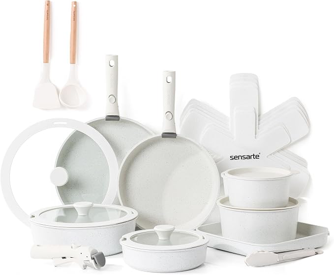 SENSARTE 24 Piece Nonstick Detachable Handle Pots and Pans Set White | Removable Handle Cookware Set, Induction Cookware Set with Removable Handle, Healthy Non Stick for RV, Dishwasher ＆ Oven Safe by SENSARTE
