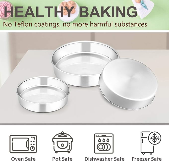 E-far Cake Pan Set of 3 (6 inch/8 inch/9½ inch), Stainless Steel Round Layer Cake Baking Pans, Perfect for Birthday Wedding Tier Cake, Non-Toxic & Healthy, Mirror Finish & Dishwasher Safe - Image 6