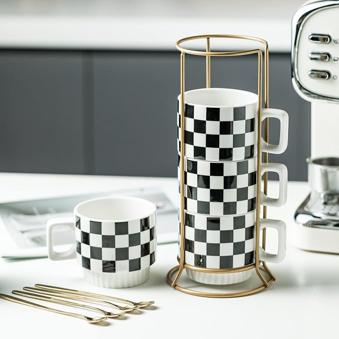 Miamolo Stackable Coffee Mug Set of 4 with Rack and Spoons, Space-saving | 11 oz, Ceramic | Checkered Black and White Pattern | for Coffee Tea Cocoa Milk, Housewarming Gift | Dishwasher Microwave Safe - Image 4