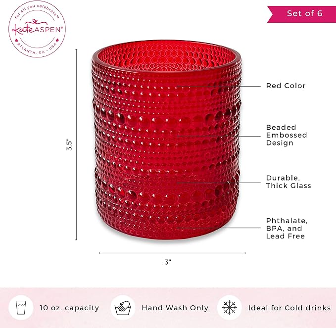 Kate Aspen Retro Arch Floral Red Drinking Glasses Set of 6, 10 oz Vintage Ribbed Glass Cups, Christmas Glassware & Holiday Drinkware, Valentine’s Day & Holiday Hostess Gift - Image 7