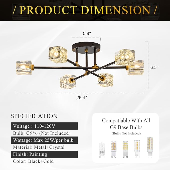 Black Gold Crystal Semi Flush Mount Ceiling Light Fixture Industrial 26" Sputnik Chandeliers 6 -Light Modern Chandelier for Foyer Entryway Kitchen Bedroom Living Room Dining Room - Image 2