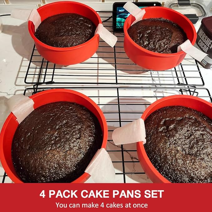Alimat PluS 6 Inch Cake Pans Silicone, 4 Pack Round Cake Molds with 100 Pieces Parchment Paper, Small Cake Pans for Multilayer Cakes, Puddings