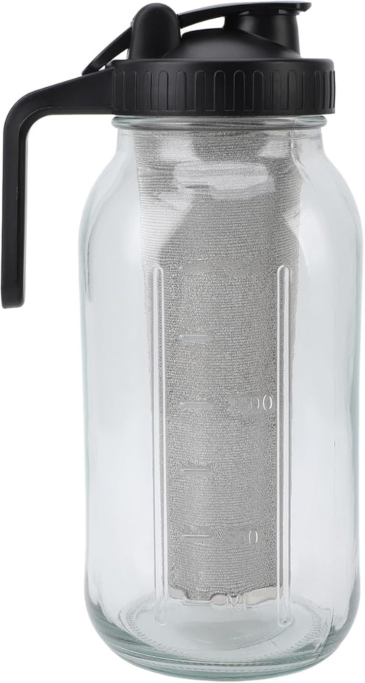 YOUTHINK Cold Brew Coffee Maker Pitcher, Jar with Spout Lid and Handle for Brewing and Pouring, Stainless Steel Filter Thick Glass Iced Coffee Maker (2000ml)