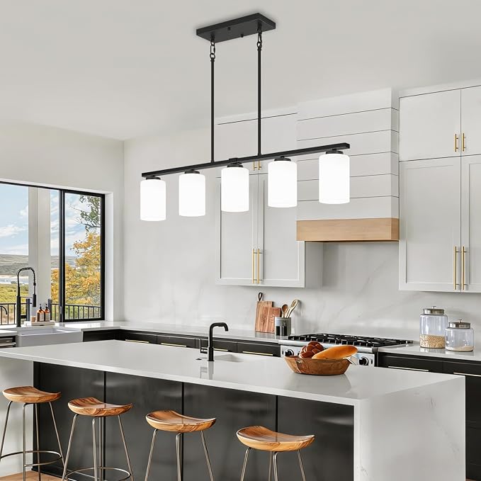 Modern Kitchen Island Lighting, Dining Room Light Fixtures Over Table | 37'' Black Island Lights for Kitchen, 5-Light Farmhouse Linear Chandeliers White Frosted Glass Shade, Adjustable Height - Image 8
