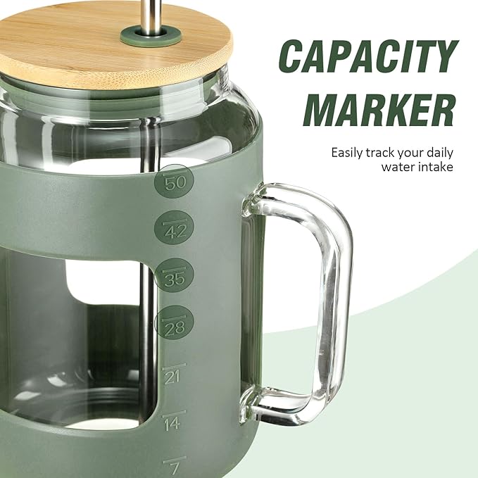 50 oz Glass Water Bottles with Silicone Sleeve,Glass Tumbler with Lid and Straw,Iced Coffee Cup with Handle,BPA Free-Olive