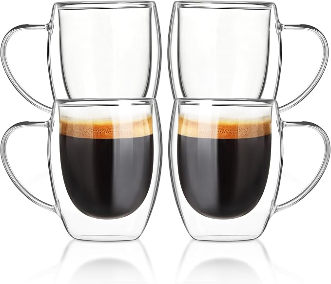 FrutPunch Double Walled Glass Coffee Mugs Set of 4,12 oz Glass Coffee Cups | Clear Borosilicate Glass Mugs with Handles, Suitable for Cappuccinos, Lattes, and Other Hot Beverages by FrutPunch