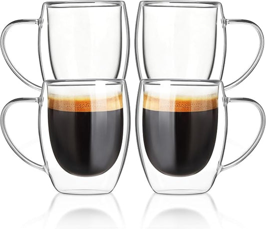 FrutPunch Double Walled Glass Coffee Mugs Set of 4,12 oz Glass Coffee Cups | Clear Borosilicate Glass Mugs with Handles, Suitable for Cappuccinos, Lattes, and Other Hot Beverages by FrutPunch