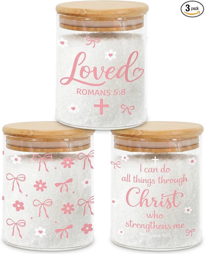 Pink Christian Glass Storage Jar with Lid, Candy Cookie Jars, 3Pcs | Pink Bow Candy Cookie Jars Christian Bible Verse Kitchen Canister Gifts for Women Cute Coquette Kitchen Containers by Culudea
