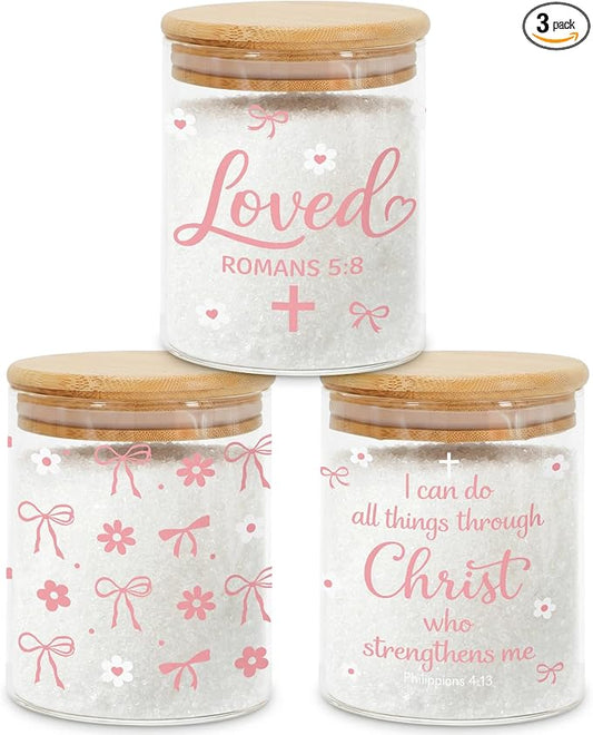 Pink Christian Glass Storage Jar with Lid, Candy Cookie Jars, 3Pcs | Pink Bow Candy Cookie Jars Christian Bible Verse Kitchen Canister Gifts for Women Cute Coquette Kitchen Containers by Culudea