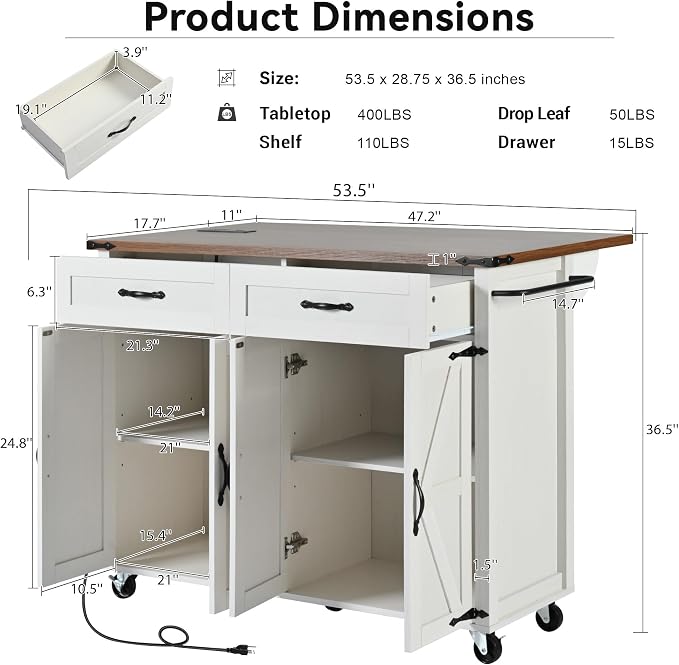 53.5’’ Rolling Kitchen Island Cart with Storage & Power Outlet, Retro White | Built-In Charging Station, Drop Leaf, 2 Drawers, 4 Door Cabinets, Adjustable Shelves, Lockable Wheels, Spice & Towel Rack - Image 2
