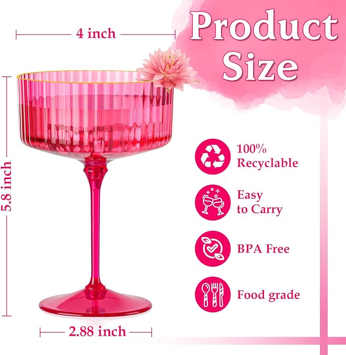 12 PCS Ribbed Coupe Glasses Hot Pink Plastic Champagne Coupe Cup 10oz Detachable Gold Rim Espresso Martini Glass Vintage Margarita Glassware Cocktail Glass Set for Valentine's Day Bachelorette Party - Image 5