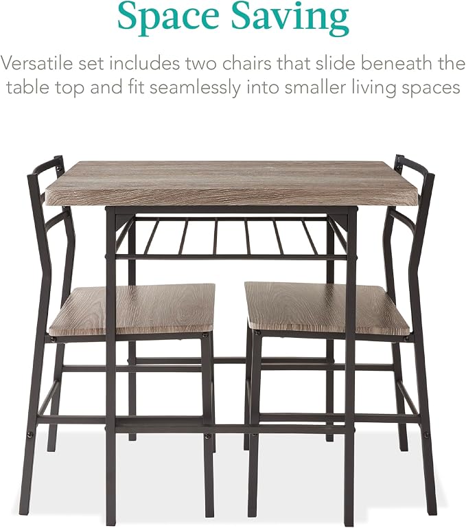 Best Choice Products 3-Piece Modern Dining Set, Space Saving Dinette for Kitchen, Dining Room, Small Space w/Steel Frame, Built-in Storage Rack - Gray/Black - Image 3