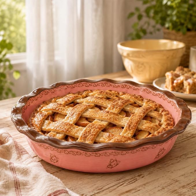 Ceramic Pie Pan for Baking, 10.6 in Hand-Painted Pie Plate for Cooking, 37 oz Deep Dish Pie Pans, Non-Stick Pie Dishes for Apple Pie, Tart, Pizza, Quiche, Oven & Dishwasher Safe, Lead-Free, Pink - Image 2