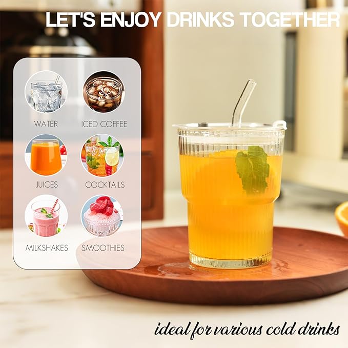 Haundry 14 oz Ribbed Glass cups with Lids and Straws, 2 Pack Iced Coffee Cups, Thickened Glassware Set, Ripple Design Glass Cups for Coffee, Soda, Smoothies, Cocktails and Juice