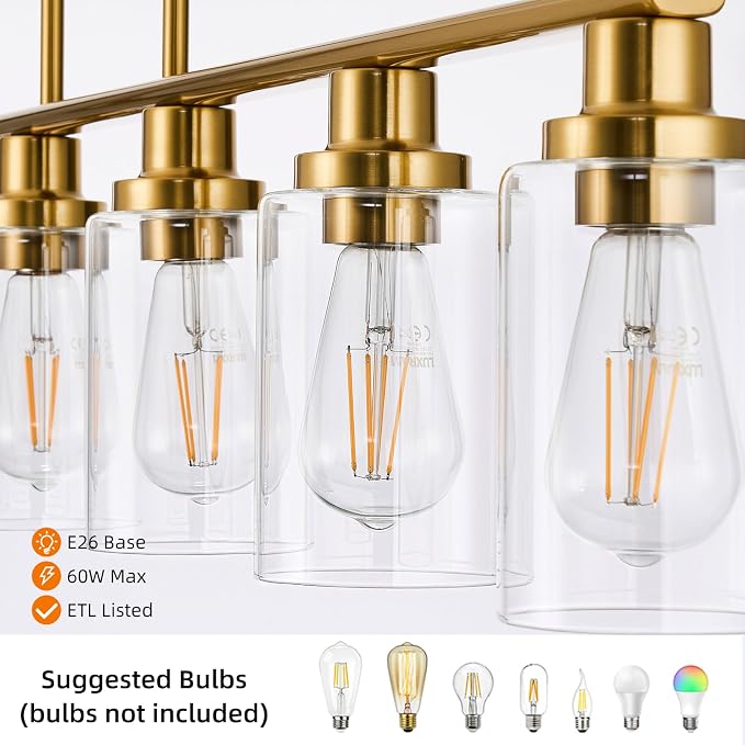 Kitchen Island Lighting, 6-Light Modern Dining Room Light Fixture Over Table,44.3'' Vintage Farmhouse Gold Linear Chandelier, Industrial Pendant Lights for Kitchen Island with Clear Glass Shade - Image 3